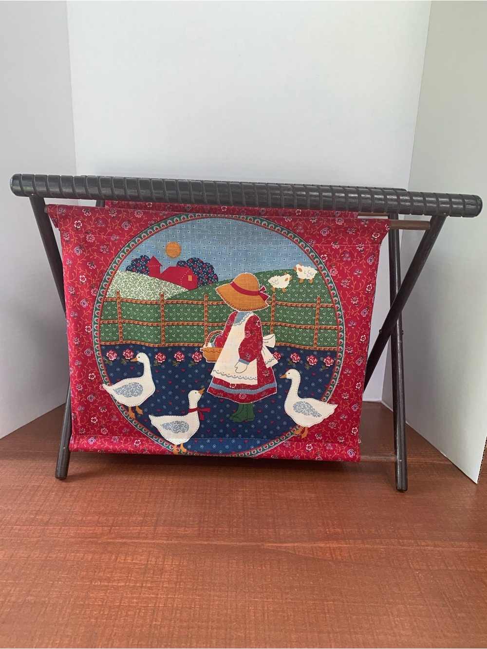 Vintage Grandmacore Cottage Core Girl with Geese Folding Sewing Yarn Caddy EUC